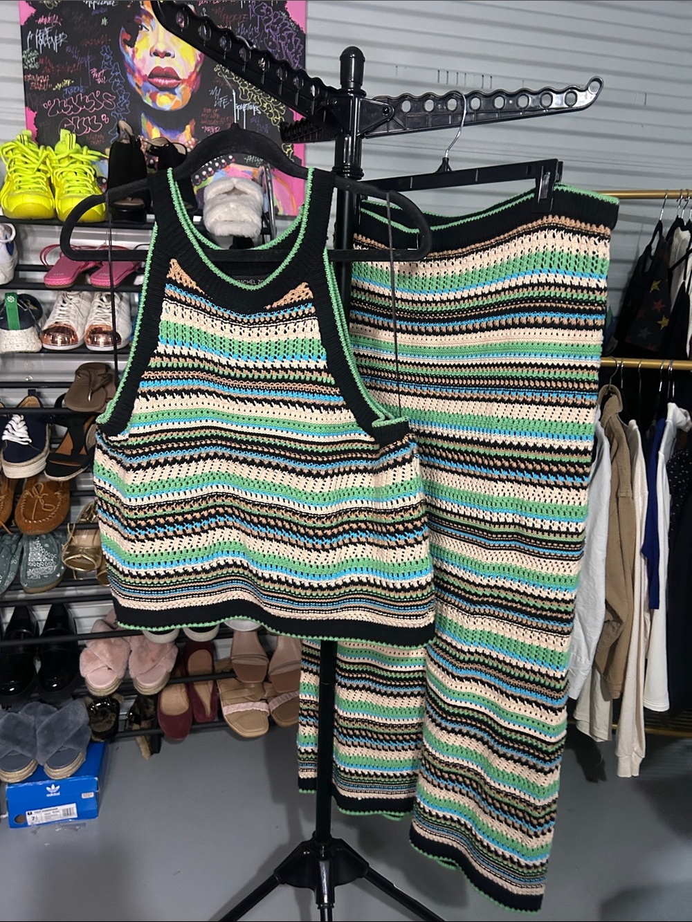 Rachel Zoe Top and skirt set Green Trim and Multicolor Knit size xl